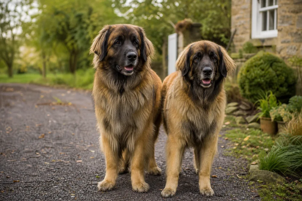 Deux Leonberg adultes, mâle et femelle, réunis dans un jardin