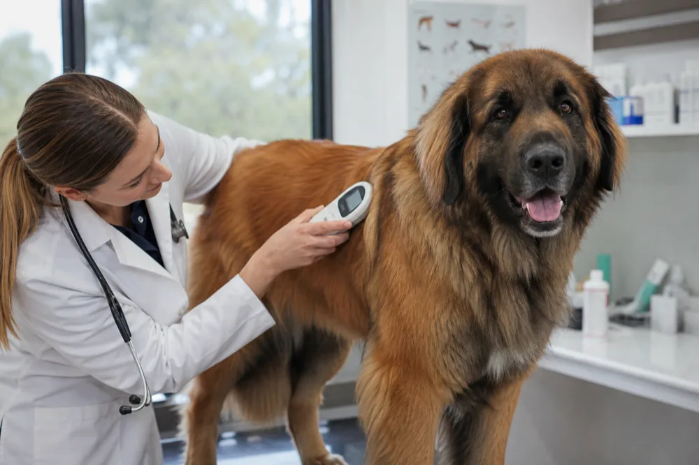 Vétérinaire contrôlant l'identification électronique d'un Leonberg